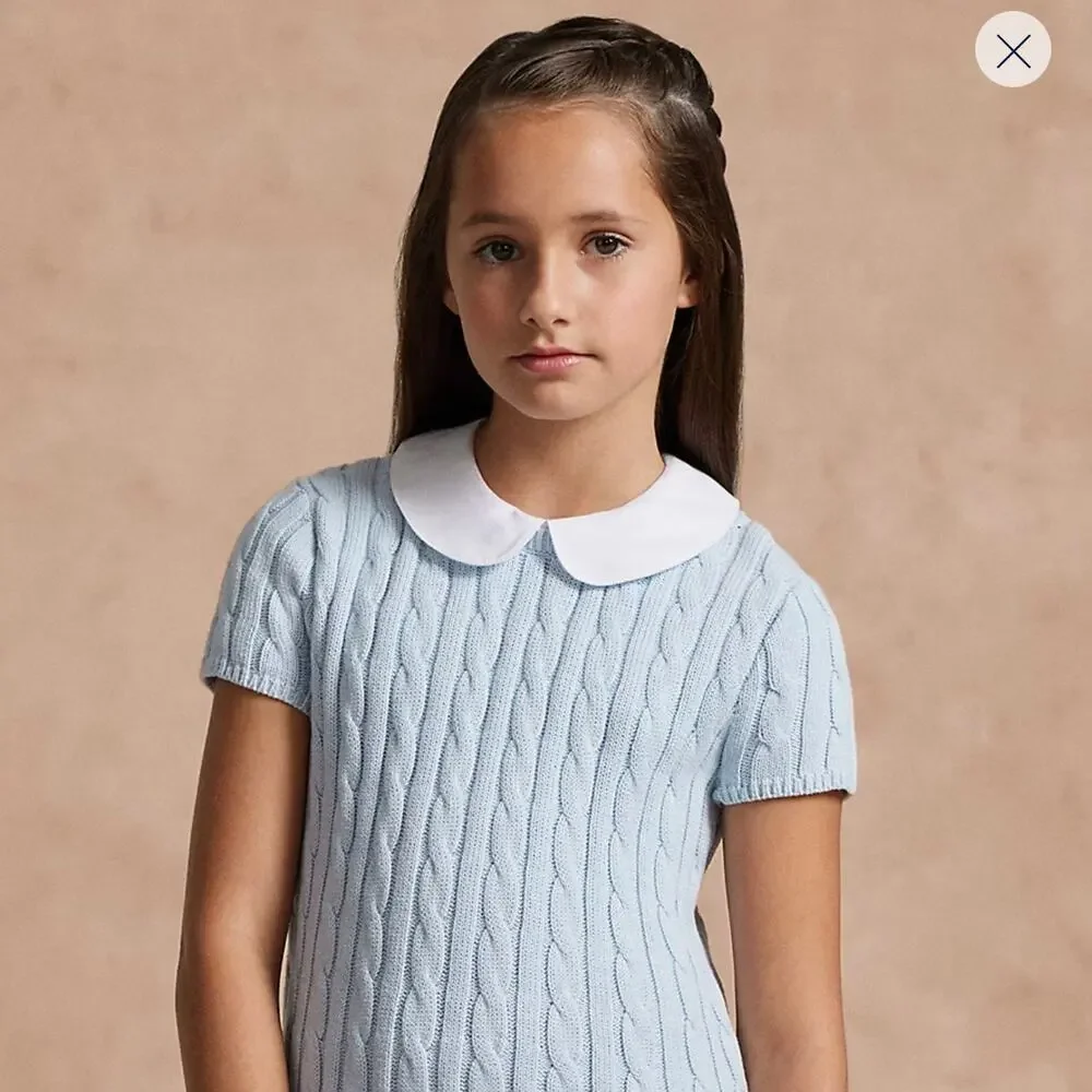 HTF Ralph Lauren Polo Yellow Girls Cable Knit Cotton Dress Sz 7 Collar Sm Flaw
